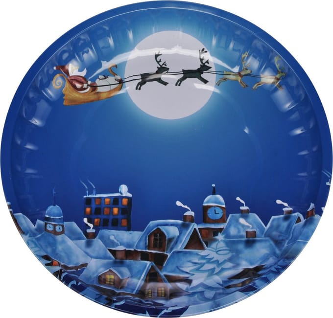 HI kinderbord met kerstman op slee - blauw/wit - metaal - 26 cm - kerstontbijt - kerstdiner - kerstartikelen