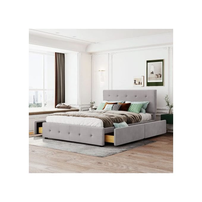 Lit double 140x200 cm - MUVOE - Velours gris - 4 tiroirs de rangement - Structure en métal - Installation facile gris