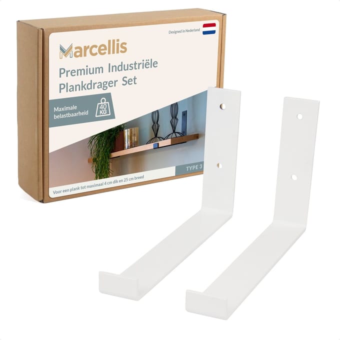 Marcellis - 2x Industriële plankdrager - Voor plank 25cm + schroefset - mat wit - staal - T4