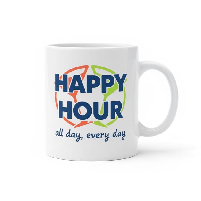 Happy Hour All Day Mok – Leuke Tekst Design – Witte Keramische Koffiemok 330 ml