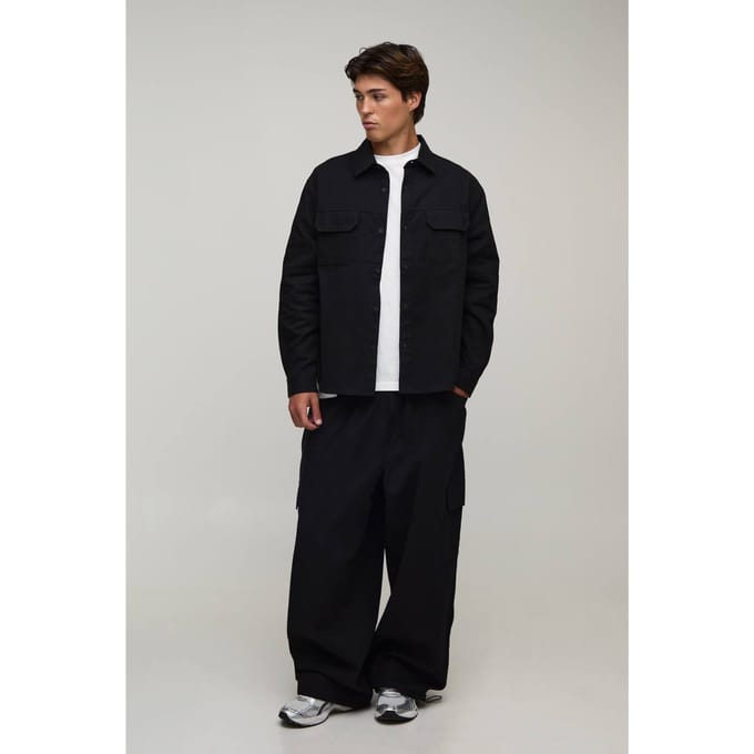 Oversized Shirt & Parachute Cargo Trouser Set | Black | Size Medium