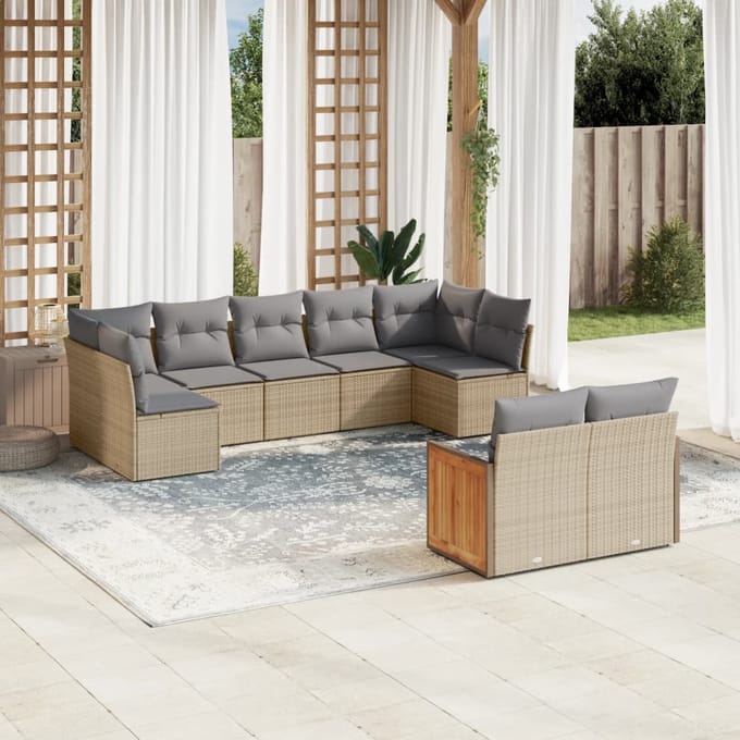 vidaXL - 9-delige - Loungeset - met - kussens - poly - rattan - beige