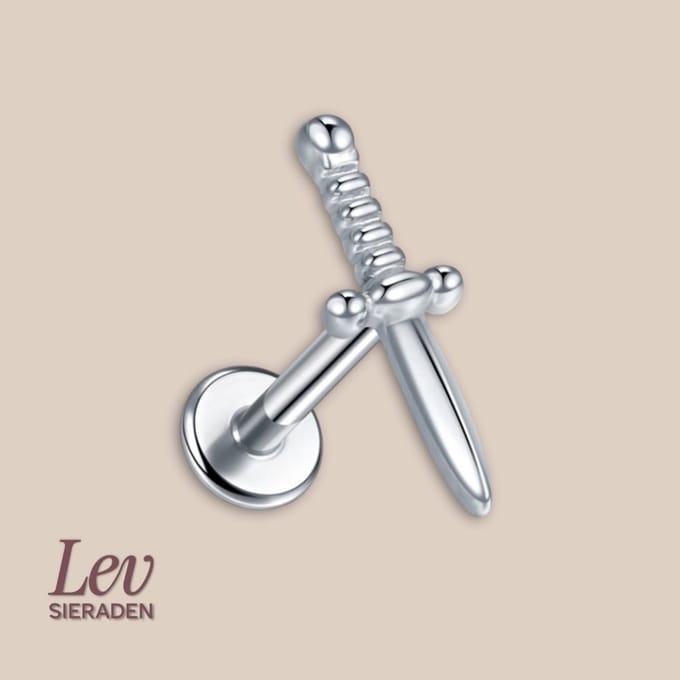 Lev Sieraden - Zilver kleur 1.2 Titanium Push Pin Labret met Dolk , lip , neus ,helix piercing