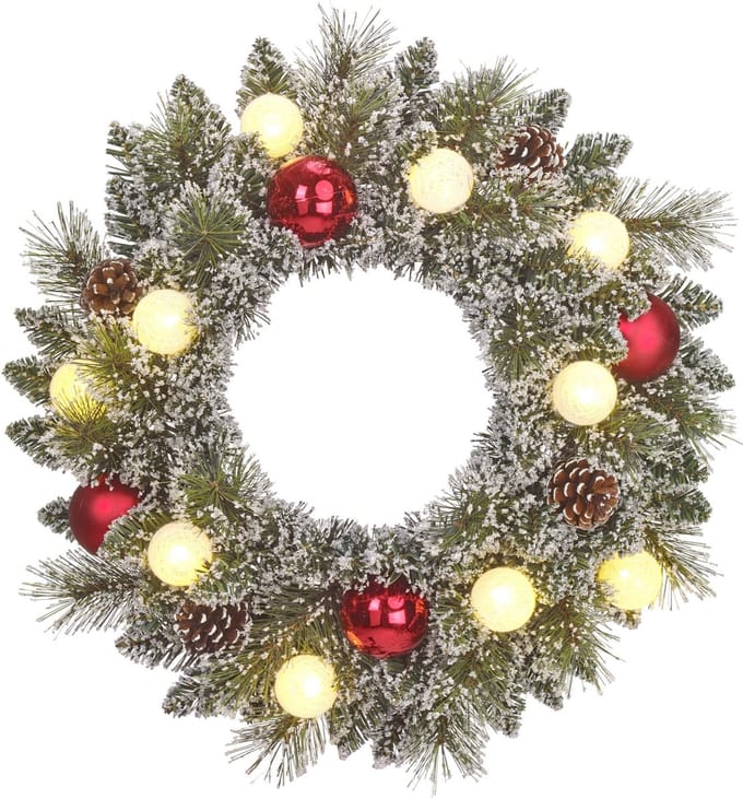 Black Box Trees Kaprun Kerstkrans met LED Verlichting - Kerst Krans Ø45 cm met Kerstversiering en Dennenappels - Groen Frosted, Rood