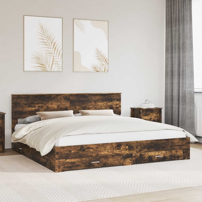 vidaXL - Bedframe - met - lade - Gerookt - eiken - 200 - x - 200 - cm - Bewerkt - hout