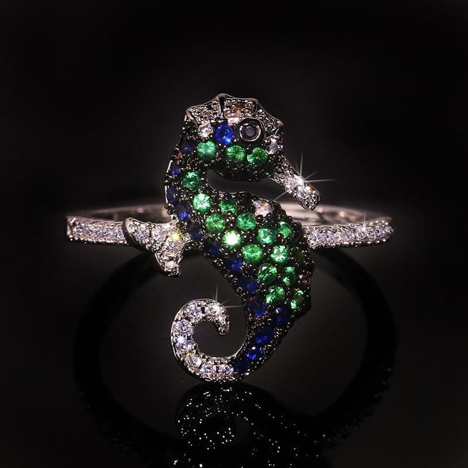 Zeepaardje Ingelegd Topaas Kleurige Zirkonia Ring voor Dames Creatieve Mariene Elementen Ring No. 9 black