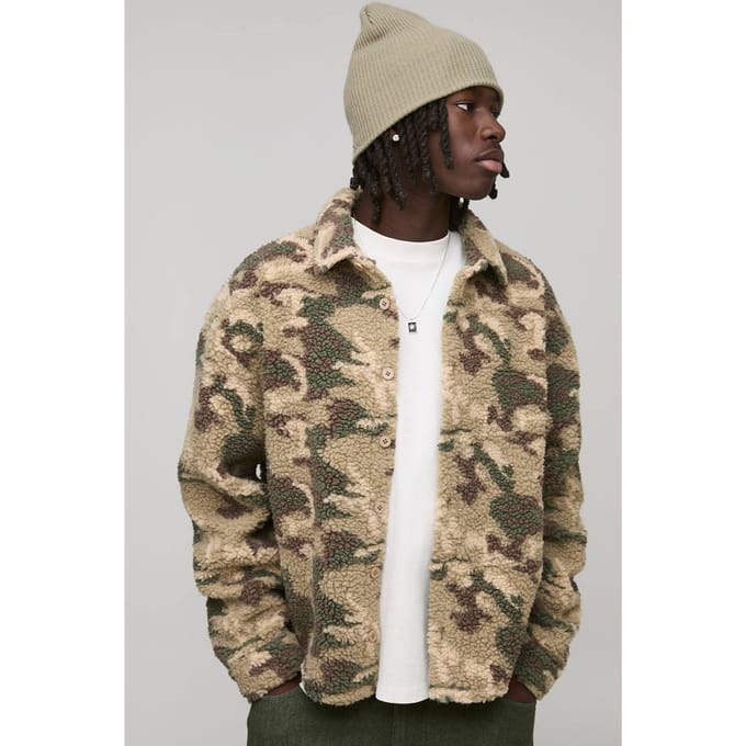 Oversized Camo Borg Overshirt | Brown | Size Medium