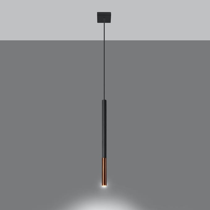 Hanglamp MOZAICA 1 met cilindrische kap en metalen accent - Sollux Lighting - IP20 - Zwart/koper staal behuizing - 8 x 8 x 100 cm - 1 x G9 LED, exclusief lichtbron - Max. 8 W - Moderne hanglamp voor slaapkamer, woonkamer en bureau