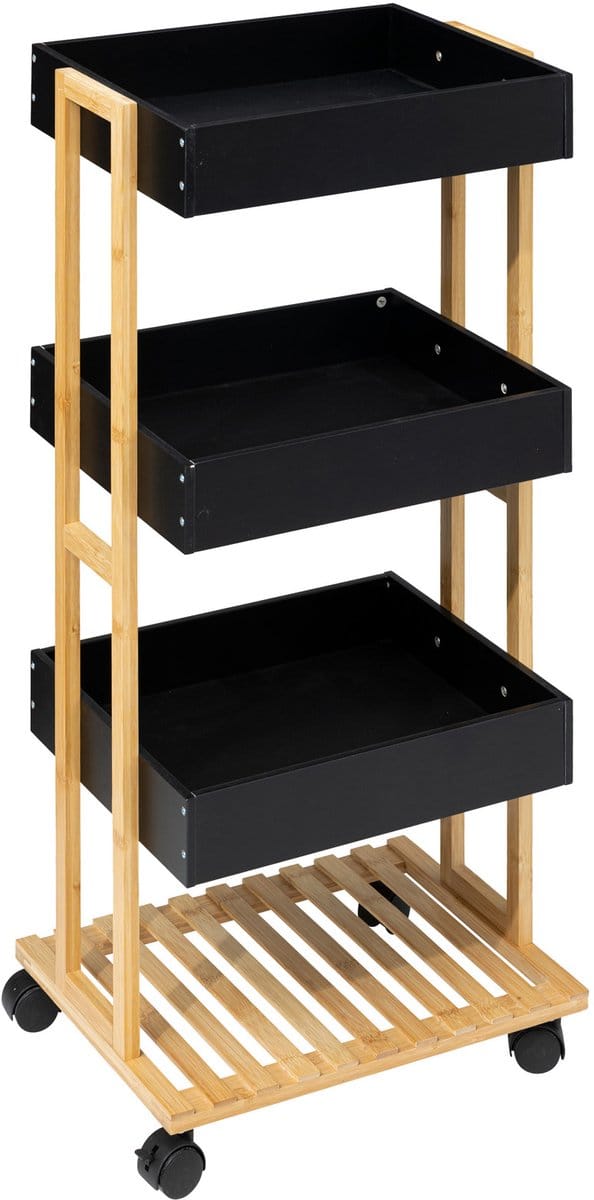 Trolley, drie opbergdozen - hout / zwart