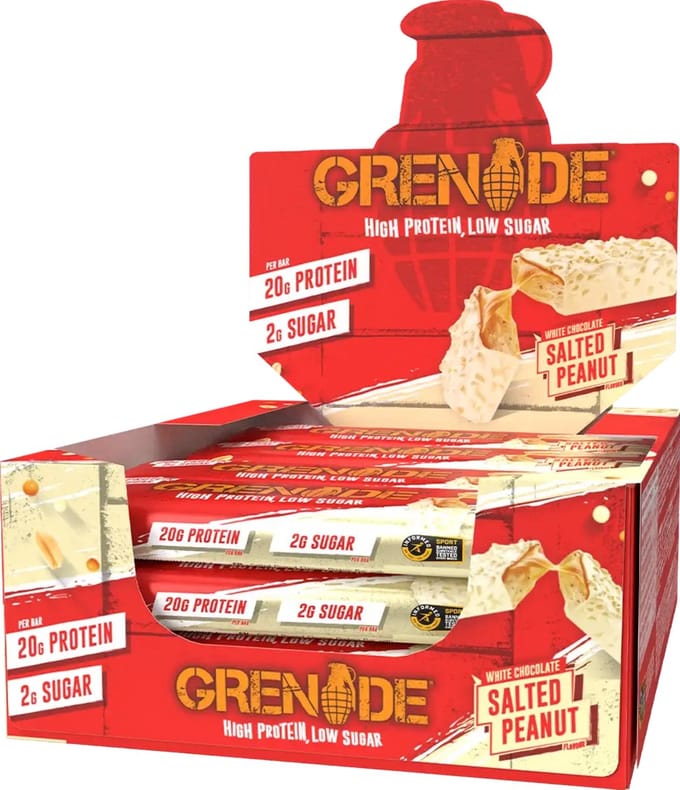 Grenade - High Protein, Low sugar - Protein bar - White Choc Salted Peanut - 20g eiwit - 12 x 60g - Eiwitreep - Diverse smaken