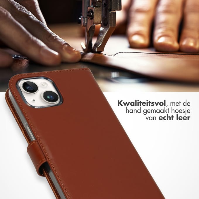 Selencia Hoesje - Geschikt voor Apple iPhone 15 Plus - Echt Lederen Bookcase - Lichtbruin