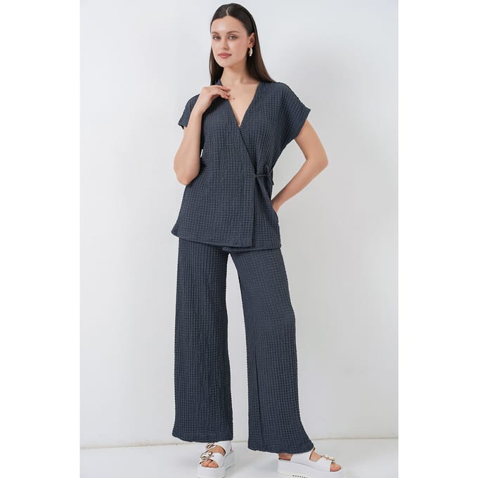 Gestructureerde V-hals Met Strikdetail Twee-delig Co-ord Set