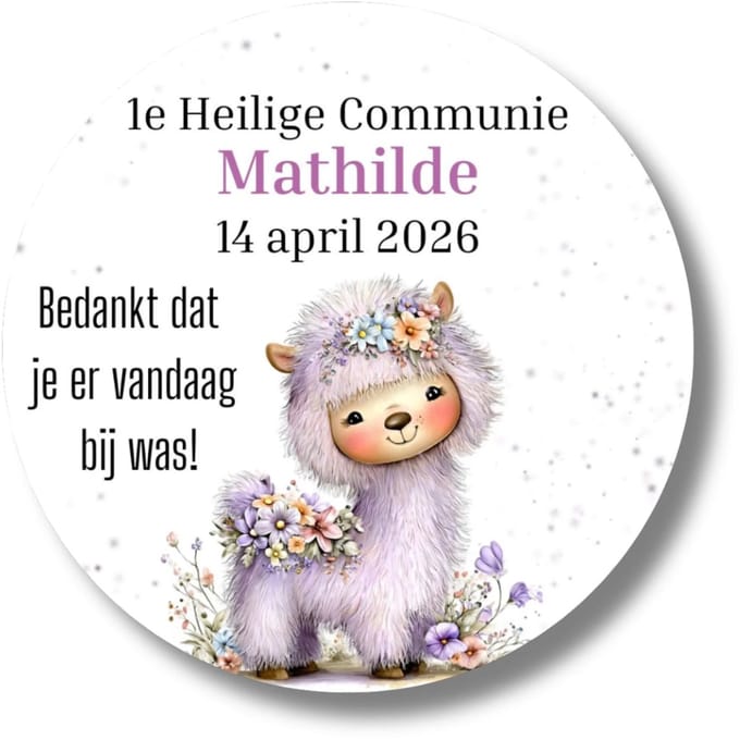 Gepersonaliseerde communie stickers lama – 1e Heilige Communie – naam en datum