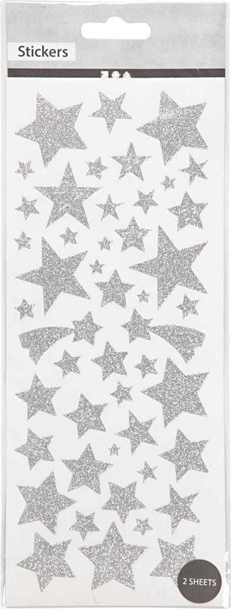Glitterstickers, sterren, vel 10x24 cm, ca. 110 stuk, zilver, 2 vel