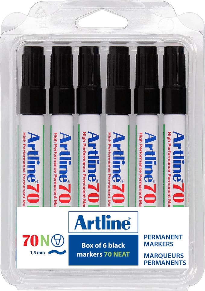 Artline 70 Permanent Marker - Set 6 Stuks - Kogelpunt 1,5mm - Watervast & Wrijfvast - Hervulbaar - Zwart