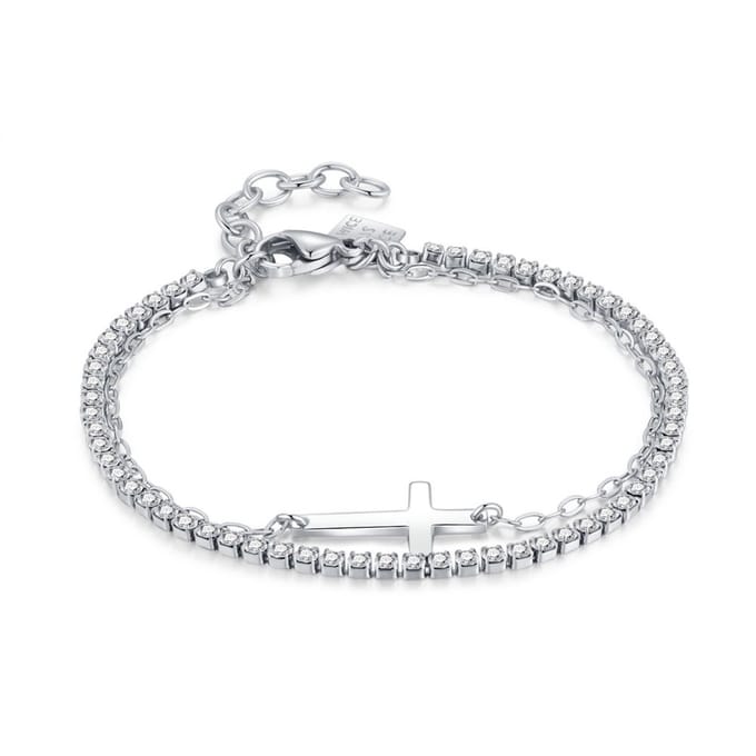 Twice As Nice Armband in edelstaal, dubbele ketting, kruisje 16cm+3cm