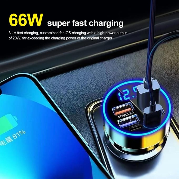 6 poorten USB-autolader 4 USB + 2 PD snel opladen PD QC3.0 USB C autotelefoonoplader Type C-adapter voor iPhone Samsung Huawei met spanningsweergave wit
