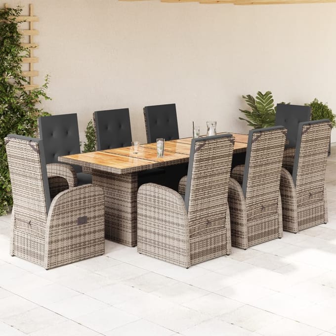 vidaXL - 9-delige - Tuinset - met - kussens - poly - rattan - grijs