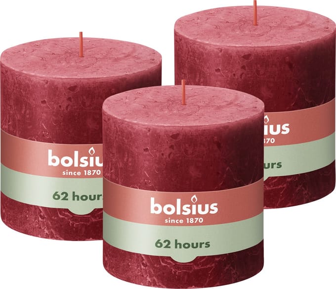 Bolsius - Rustieke Kaars - 3 Stuks - Rood - 10 x 10cm - 62 Branduren
