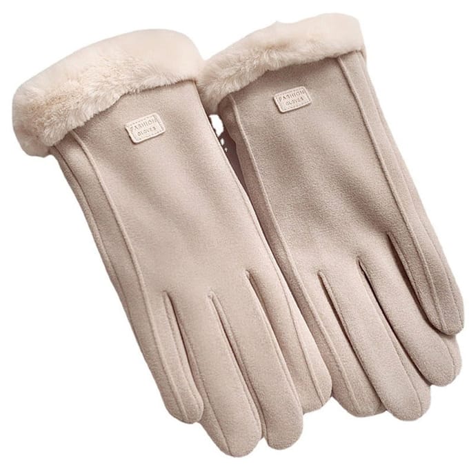 Winterhandschoenen - Suede - Touchscreen handschoenen - Fleece voering - Met bontkraag - Antislip - Winddicht - Warm - Gebroken wit