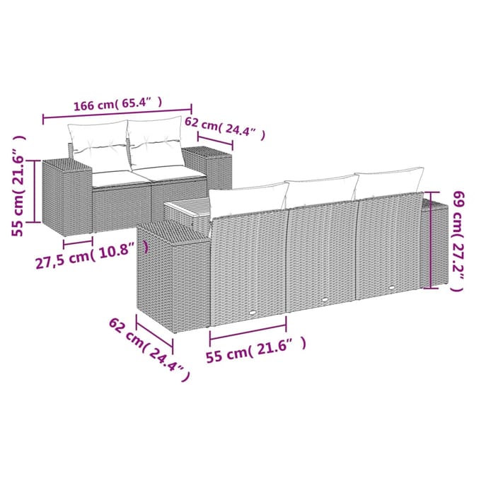 vidaXL - 6-delige - Loungeset - met - kussens - poly - rattan - grijs