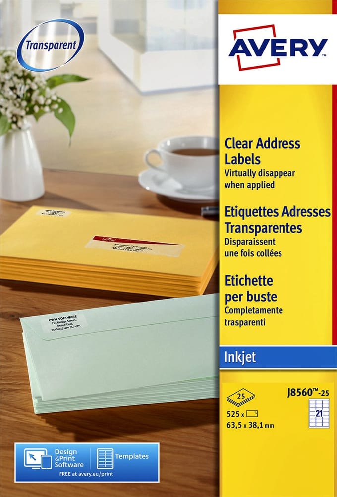 Avery printeretiketten Adresetiketten, Inkjet, Transparant, 525pcs.