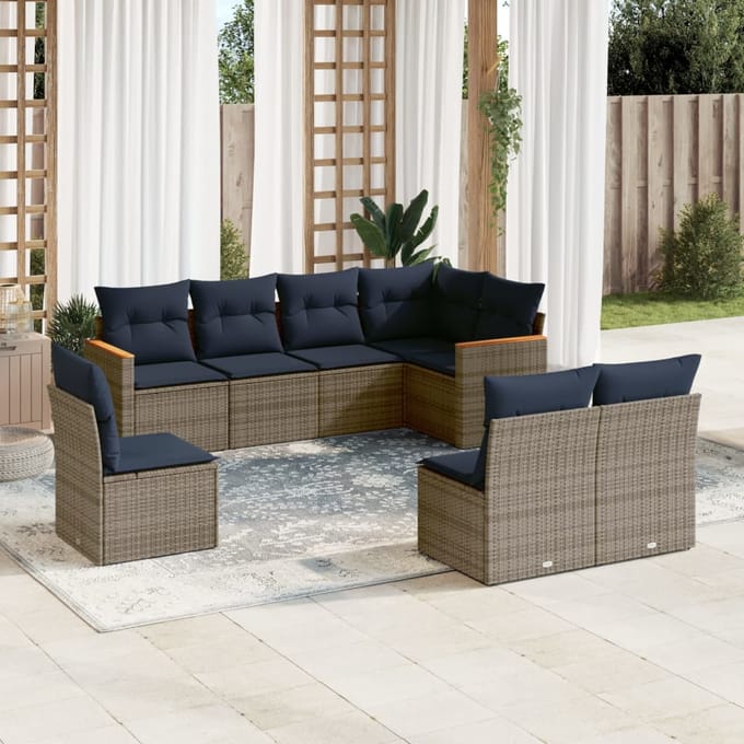 vidaXL - 8-delige - tuinbankset - met - kussens, - grijs - polyrotan