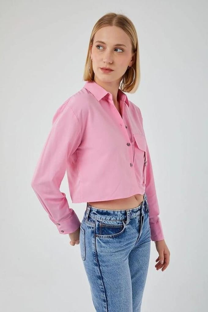 Korte Poplin Shirt met Pocket Detail