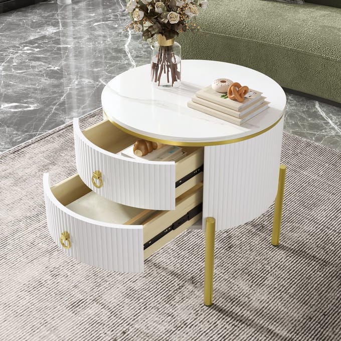 Salontafel - Verstelbaar met Laden - Marmerlook en Gouden Poten - MDF - Wit Goud