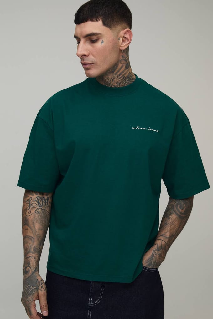 Lang Oversized Homme Heavyweight Verlengde Hals Boxy T-shirt | Forest | Size Medium