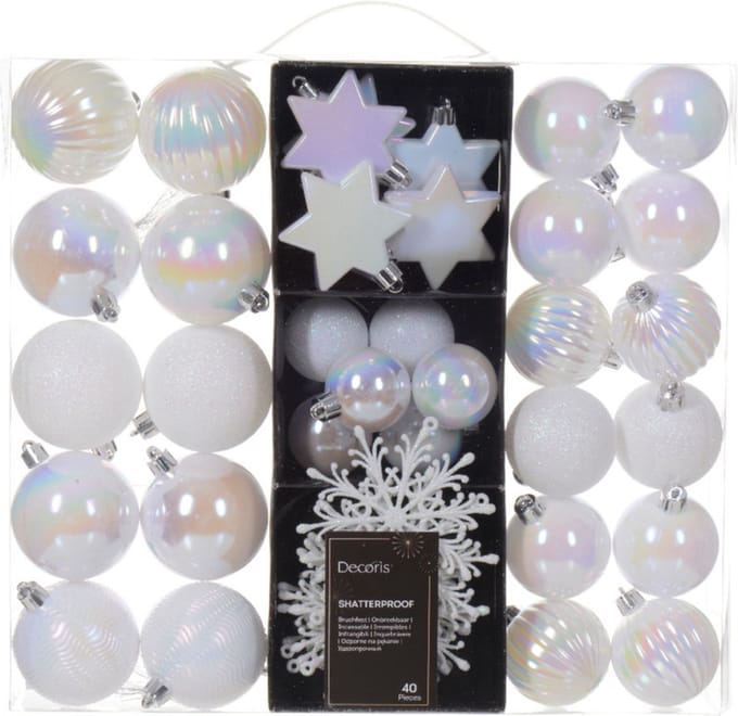 Decoris kerstballen en kerstornamenten - 40x - kunststof - parelmoer wit - mix