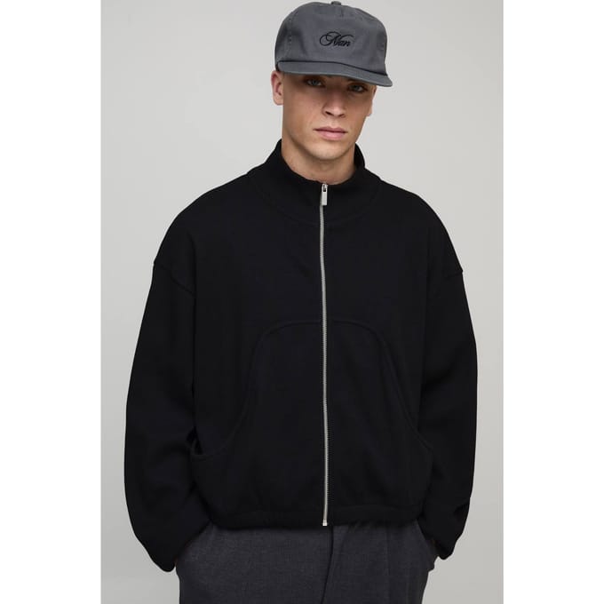 Oversized Boxy Rib Jersey Funnel Neck Track Top | Black | Size Small