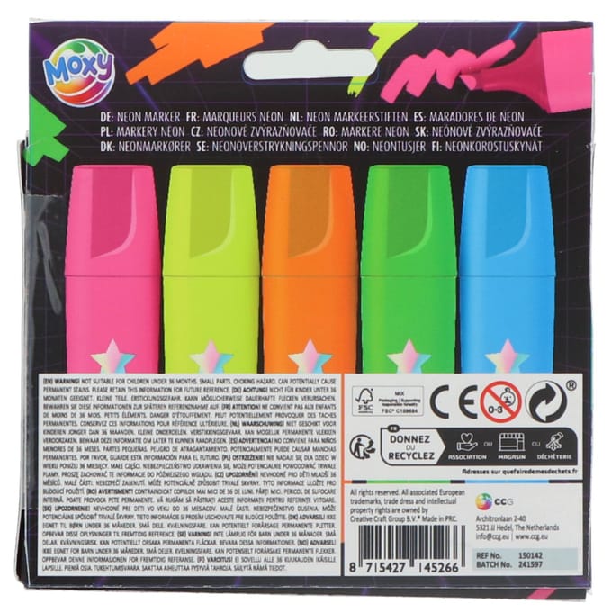 5 Neon Highlighters - Markeerstiften - 12 x 17,5 cm