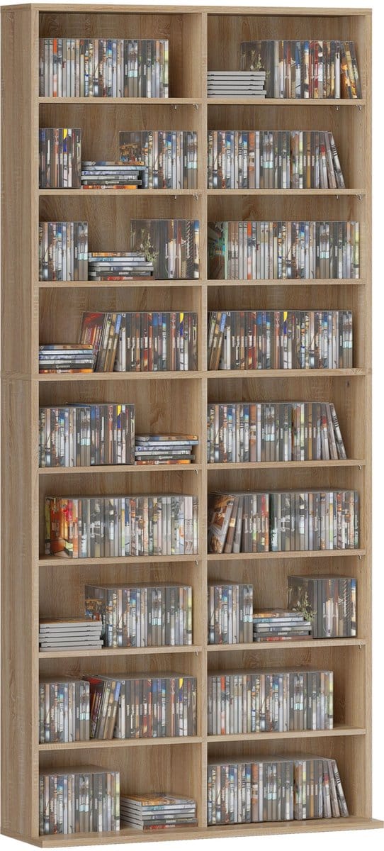 HOMCOM-CD-opbergkast - Spaanplaat - 78,5 x 24 x 175 cm - Natuurlijk hout