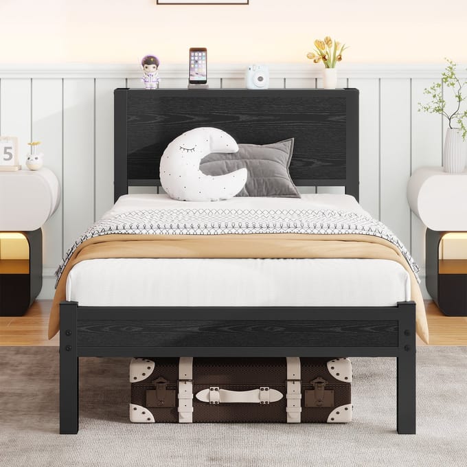 Bedframe - 90x200 cm - Hoofdbord met Opbergruimte - Geluidsarm - Metaal - Zwart