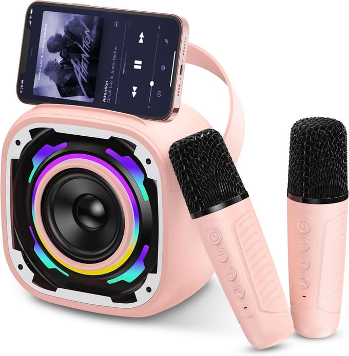 Karaoke Machine met Draadloze Microfoons voor Kinderen en Volwassenen - Bluetooth Speaker met Dynamische Verlichting, Telefoonhouder en Stemveranderaar - Roze