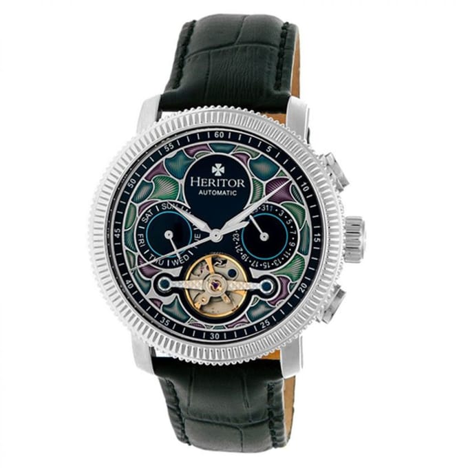 Heritor Automatic Aura Heren Semi-Skelet Lederen Band Horloge - Zilver/Zwart