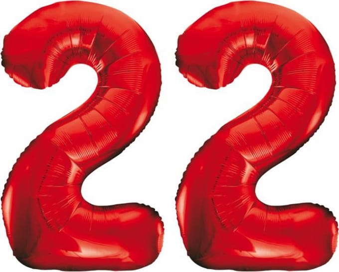 Folieballon 22 jaar rood 86cm
