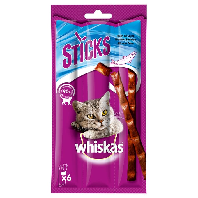 28x 36g Whiskas Sticks Rijk aan Zalm Kattensnacks