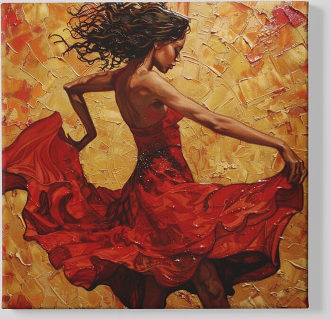 Vierkant Canvas Schilderij - Kunst - Vrouw in Rode Jurk - 60x60x2 cm