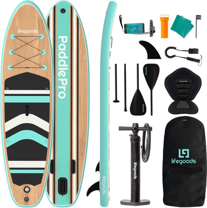 LifeGoods PaddlePro SUP Board - met Zitje - Opblaasbaar Paddle Board - Complete Set - Max. 150KG - 320x81cm - Hout/Mintgroen