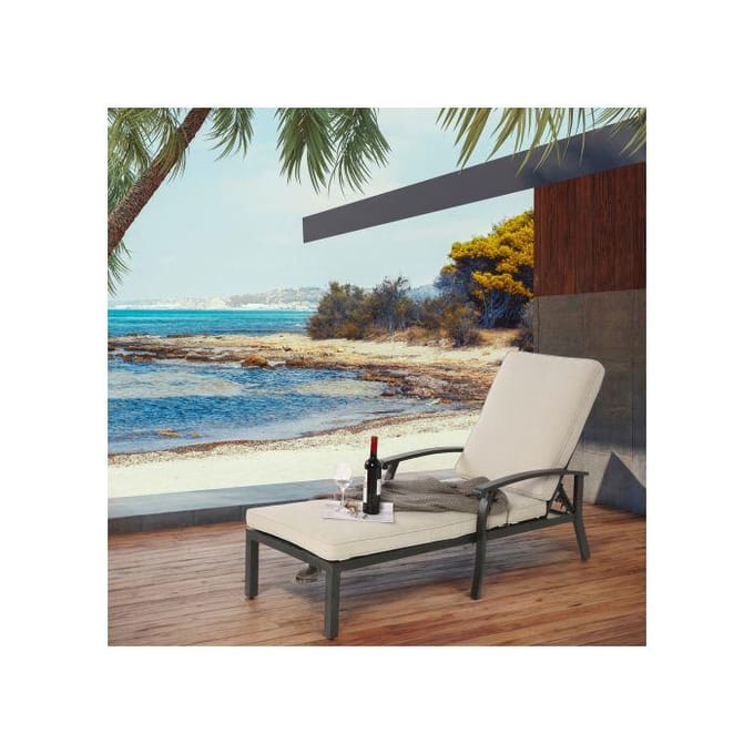 Chaise longue - MUVOE - Modèle standard - Aluminium antirouille - Coussin coton beige - Dossier 5 positions beige