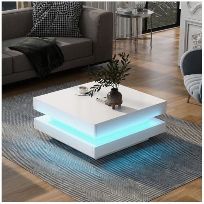 Table basse carrée - MUVOE - Blanc - Éclairage LED Bluetooth - 70x70x36 cm - Charge max. 45 kg blanc