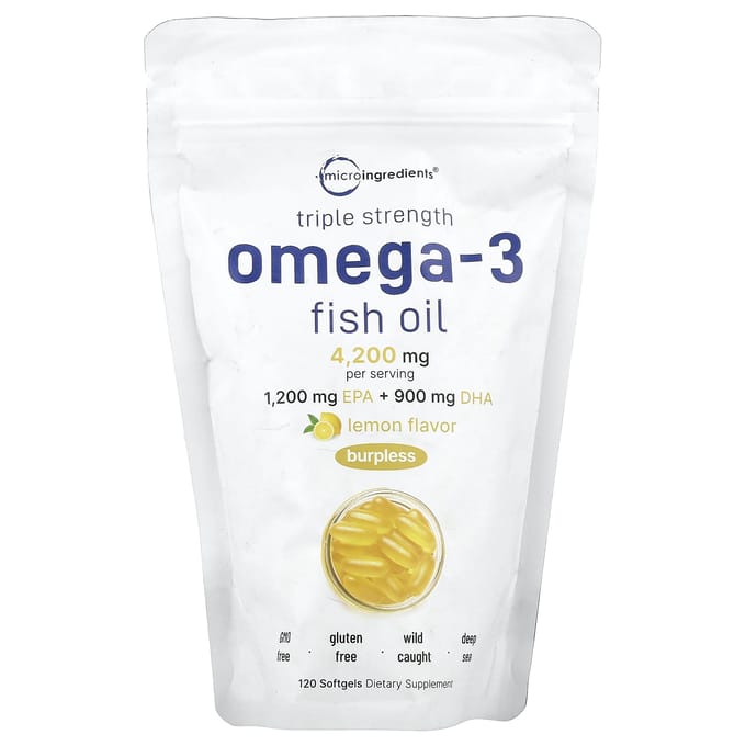 Micro Ingredients, Omega-3 Fish Oil, 3x Strength, Lemon Flavor, 4,200mg, 120 Softgels (1,400mg per softgel)