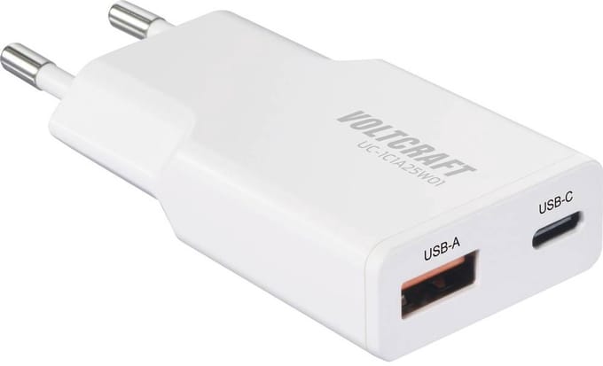 VOLTCRAFT UC-1C1A25W01 USB-oplader 25 W 1x USB-A, 1x USB-C Fast Charge, USB PD 3.0 Wit GaN