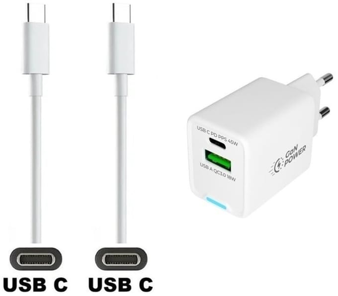 OneOne 45W super snellader met 2 poorten en screenprotector van glas voor iPhone 15 + 0,5m sterke USB C naar C kabel. Witte PD PPS lader. GaN oplader adapter. Screenprotector past op Apple iPhone 15, iPhone 16