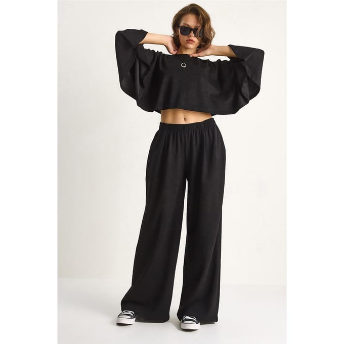 Gebreide Crew Neck Lange Mouw Wijde Pijpen Twee-Delige Set