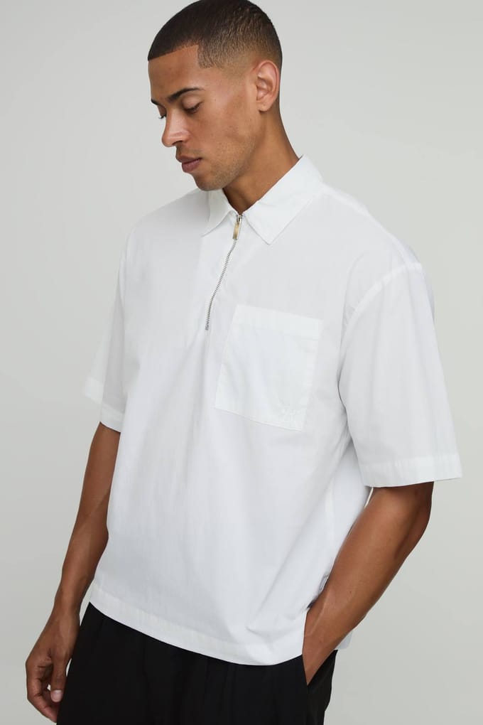 Oversized Boxy Shirt Met Kwart Rits En Korte Mouwen | White | Size Small