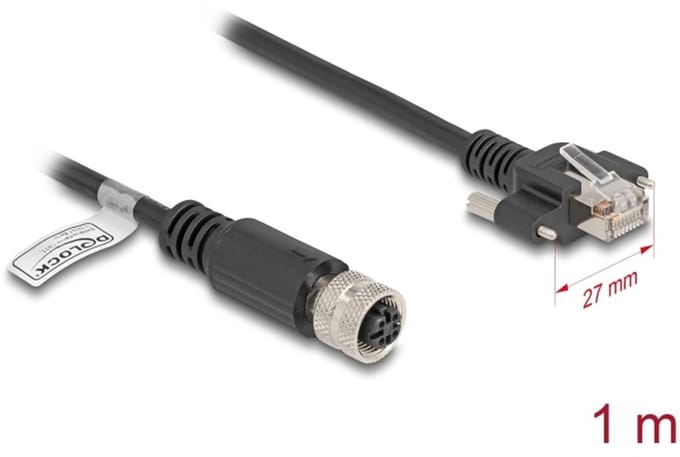 Delock M12 Cable D-coded 4 pin female to RJ45 plug with screws Cat.5e FTP 1 m black