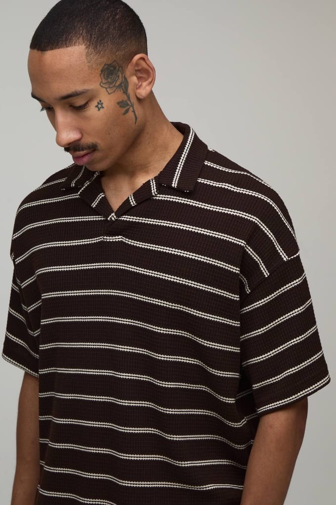 Oversized Striped Waffle Revere Polo T-Shirt | Chocolate | Size Large